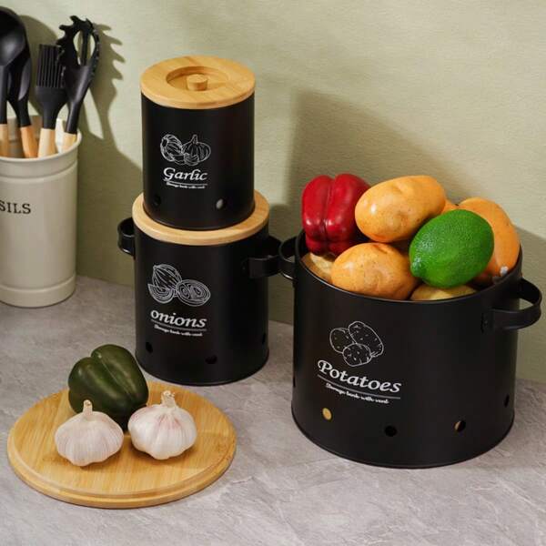 Set de 3 contenedores apilables para almacenar papa, cebolla y ajo con tapa de bambú, decoración de cocina, reutilizables, lavables a mano, dispensador de alimentos para fiestas al aire libre