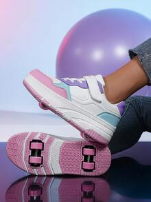 2025 新款青少年鞋，男女通用拼色皮革鞋面 TPR 厚底钩环字母休闲鞋，可拆卸双轮，时尚青少年轮滑运动鞋