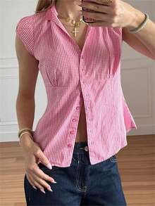 Women Plaid Shirt, Short Sleeve Button Closure Summer Tops Streetwear For Casual Daily - Pink - View 4