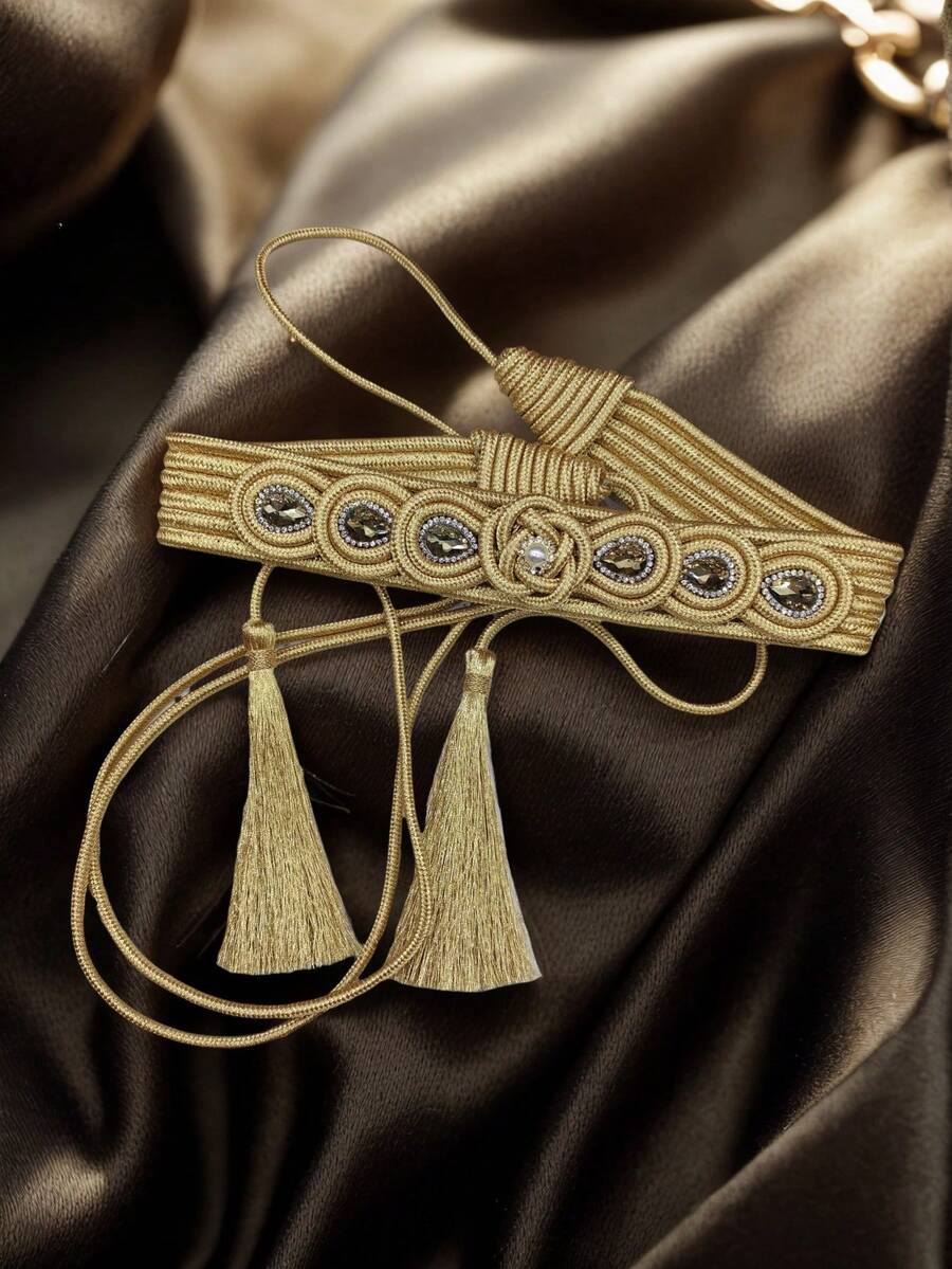 1pc Handmade Bohemian Style Women's Robe Sash/Belt With Rhinestone Inlay And Tassel, Can Be Worn As A Wedding Robe Sash Or Gifted - Multicolor - View 1
