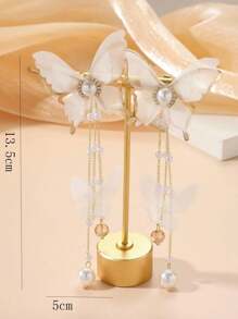 2 Pièces Boucles D'oreilles Pendantes Élégantes En Dentelle, Strass, Perles Fausses Et Papillon Avec De Longues Franges Pour Un Port Quotidien Pour Femme, Style Européen Et Américain