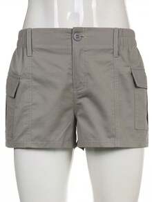 Women Cargo Shorts Elastic Low Waist Pocket Y2k Egirls Slim Fitted Shorts Vintage Harajuku Streetwear - Xám - Xem 8