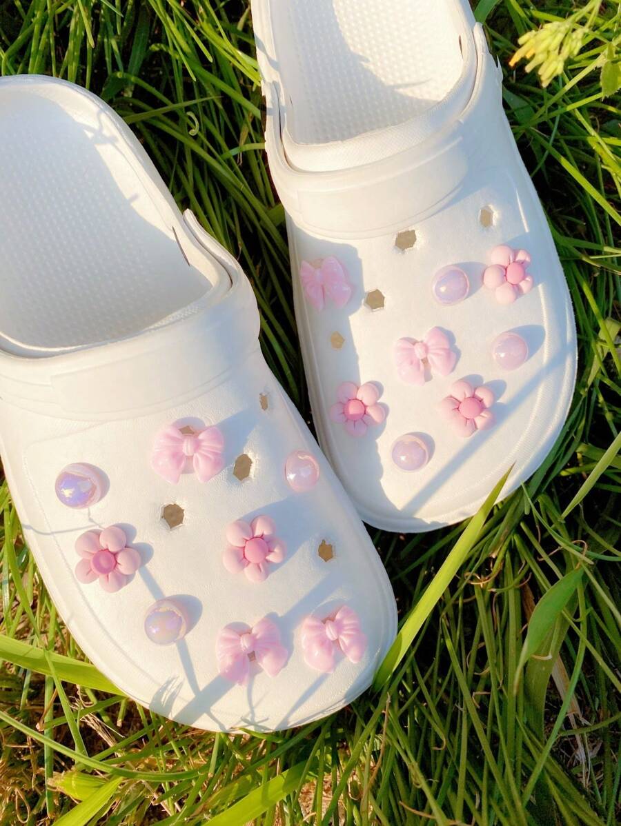 16 Peças Botões Decorativos Versáteis e na Moda, Removíveis, com Flor Rosa e Laço, Adequados para Decorar Calçados de Praia, Sandálias, Bolsas de Praia, Presentes de Férias