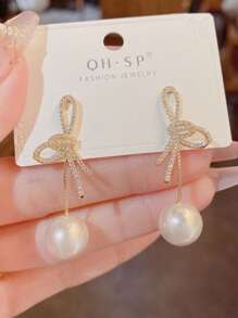 1 Pair Bowknot Faux Pearl Earrings, New 2025 French Design Personalized Stud Earrings, Suitable For Banquet, Ball