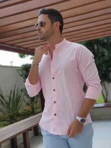 Men's Casual Linen Natural Linen Shirt With Priest Collar - Màu Hồng baby - Xem 3