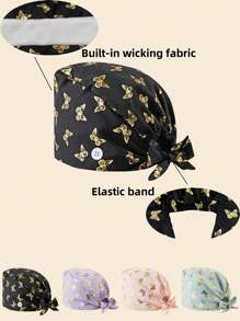 1pc Premium Polyester Material Butterfly Print Thermal Transfer Gold Design Scrub Cap, Anti-Bacterial And Dust-Proof, Elastic Back, Side Mask Hanging Buckle, Suitable For Doctors, Nurses, And All Hospital, Beauty Salon, And Veterinary Clinic Workers