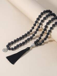 YAUKIA 8mm Tassel Long Necklace,Volcanic Stone Black Agate Beaded 108 Mala Beaded Necklace,Meditation,Yoga,Prayer, Bohemia Jewelry For Women Men - Black - View 6