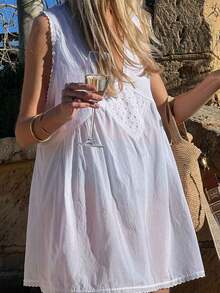 Women Summer Mini Tank Dress Sleeveless Deep V Neck Floral Eyelet Beach Dress - White - View 5