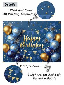 1pc 3D Blue And Gold Happy Birthday Photography Backdrops Glitter Stars Fireworks Balloons Flags Photo Background 59.1*39.4/82.7*59.1/106.3*70.9 Inches Newborn Shower Party Banner Indoor Outdoor Decoration Supplies