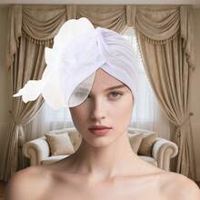 1pc Women's Elegant Pleated Solid Color Headband Cap, Fashion European & American Style With Mesh Floral Feather Decoration, Suitable For Tea Party, Cocktail Party And Wedding - Multicolor - View 6