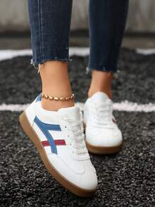 Women's Casual Sports Shoes, Solid Color Stripe Contrast Design, Lightweight & Comfortable, Non-Slip Rubber Sole, Lace-Up, Suitable For All Seasons, Good Gift Option - Blue - View 5