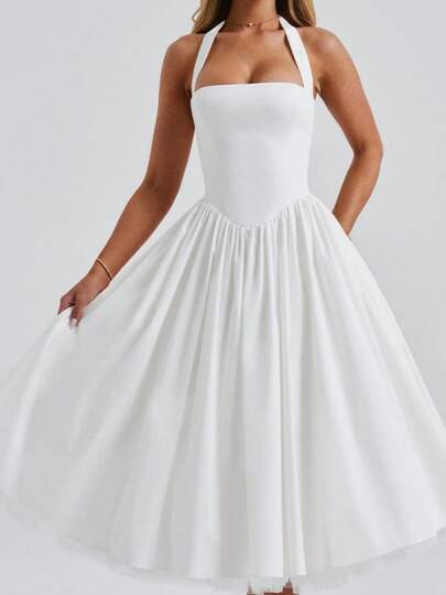 Women Solid Color Tutu Dress Elegant Tie-Up Halter Neck Sleeveless Open Back Cross A-Line Midi Tank Dress
