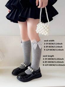 3 双女童蝴蝶结装饰及膝袜，弹性舒适透气，宝宝休闲节日生日派对日常穿着，四季皆宜