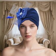 1pc Women's Elegant Pleated Solid Color Headband Cap, Fashion European & American Style With Mesh Floral Feather Decoration, Suitable For Tea Party, Cocktail Party And Wedding - Multicolor - View 9