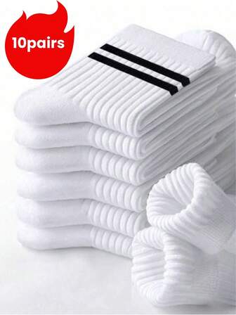 1/5/6/10 Pairs Solid Color & Striped Polyester Blend Mid-Calf Socks, Unisex Casual Sports Socks, Suitable For All Seasons, Fall