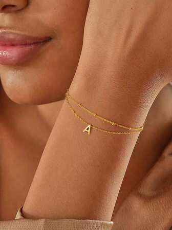 2 st Guld initialbokstav A-Z personligt berlockarmband, material i rostfritt stål, med långvarig färgbevarande, snygg smyckepresent för kvinnor