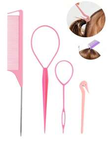 Juego de 8 piezas de herramientas para peinado de color rosa - Botella rociadora, peine de cola, cepillo cardador, herramientas de bucle y horquillas para trenzar y peinados DIY