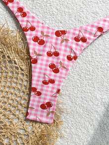 女士沙滩泳装樱桃格纹印花三角比基尼可爱度假女孩泳衣 - 粉色 - 查看 5