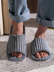 男士简约条纹露趾拖鞋，室内防滑卧室休闲毛绒面料拖鞋，男女通用，适合所有季节 - 灰色 - 查看 2