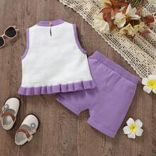 2 件套女婴针织背心和休闲短裤套装，时尚设计，3D 花朵细节，春夏 - 紫色 - 查看 2