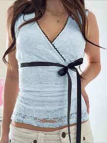 Y2K Summer Ladies Out Dating Lace Color Patchwork Collar Waist Bow Lace-Up Top - Blue - View 9