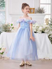 Sparkly Butterfly 3D Floral Easter Party Dress, Elegant Princess Tulle Gown For Girls, Birthday Party, Valentine's Day Gift, Prom, Wedding Flower Girl, Holiday Celebration - Baby Blue - View 3