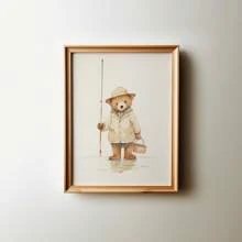 1 pieza Cuadro de arte de pared de oso de peluche de pesca, impresión de oso de peluche en lienzo para decoración de guardería, póster de pesca, decoración de habitación para niños o dormitorio, regalo para ella, sin marco o con marco