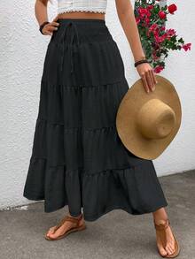 Falda larga y fluida de estilo bohemio para mujer en temporada de otoño - Negro - Ver 6