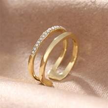 1pc Adjustable Double Layer Women Ring With Sparkling Crystal Design, Fashionable & Unique - Yellow Gold - View 6