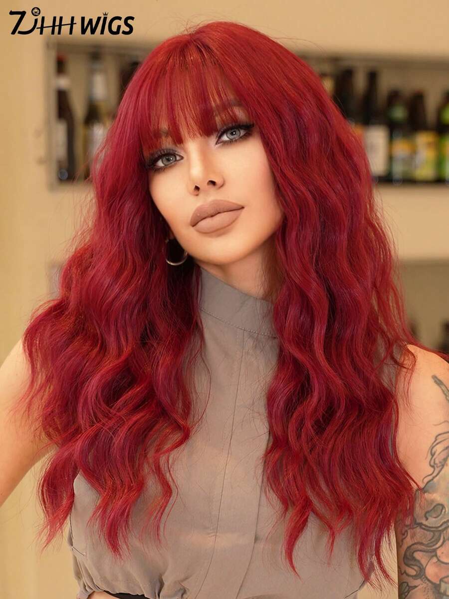 7JHH WIGS 24 Inch Gorgeous Hot Red Long Straight Wig For Women, Fluffy Synthetic Wig With Bangs Dark Roots Hair, Natural Looking Very Soft Synthetic Heat Resistant Fiber Hair Wig Accessories, Full Machine Beautiful Wig For Girls Music Festival Party Street Wear, Halloween Cosplay Anime Or Costume Use - 紅色 - 查看 1