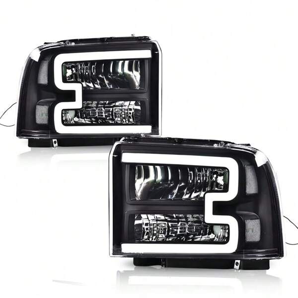 LED DRL Headlights Assembly, Compatible With 2005 2006 2007  F250 F350 F450 F550 Super Duty Headlamp Driver And Passenger Side