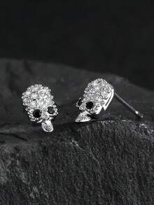 1 Pair Retro Spider & Glittering Rhinestone Skull Design Men's Stud Earrings, Street Style - Silver - View 8