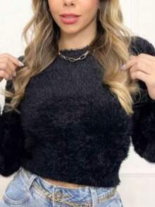 Women's Furry Crop Top - 黑色 - 查看 2