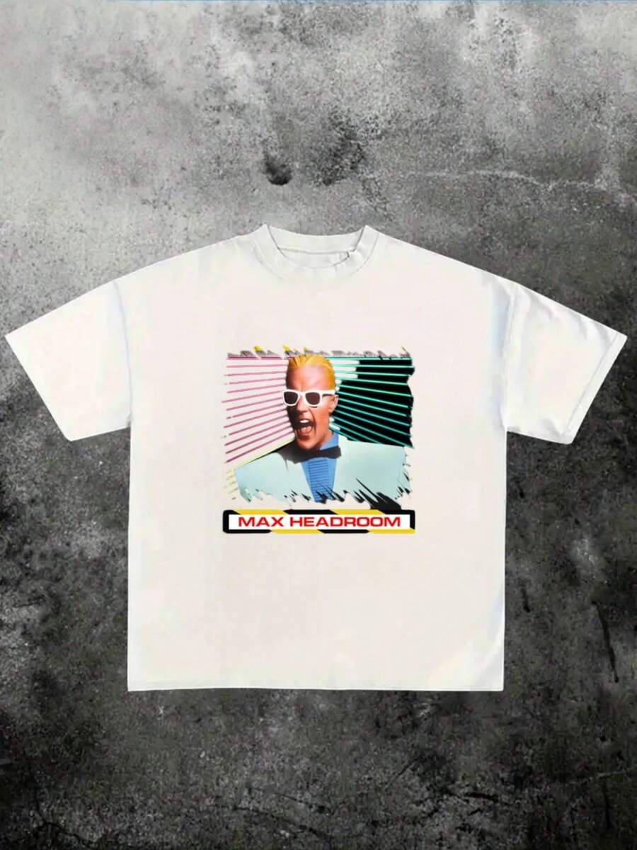 Retro  Pop  Culture  Themed Max Headroom T Shirt, 100% Cotton With 220g Weight, Nostalgic - White - View 1