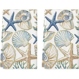 Set Of 2 Seashell Coral Starfish Summer Kitchen Towels Dish Towels, 16x24 Inch Farmhouse Summer Seasonal Decoration Hand Towels