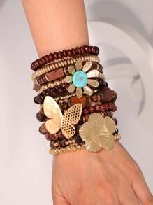 12pcs Dark Brown Wood Beads & Gold Tone Butterfly Floral Accent Charm Vintage Personalized Layering Bracelet, Suitable For Women Beach Holiday Wear