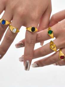 1pc Retro Stainless Steel Green, Red, Yellow, Blue, White, Black Zirconia Gold Color Rings, Vintage Style Women Jewelry, Suitable For Summer