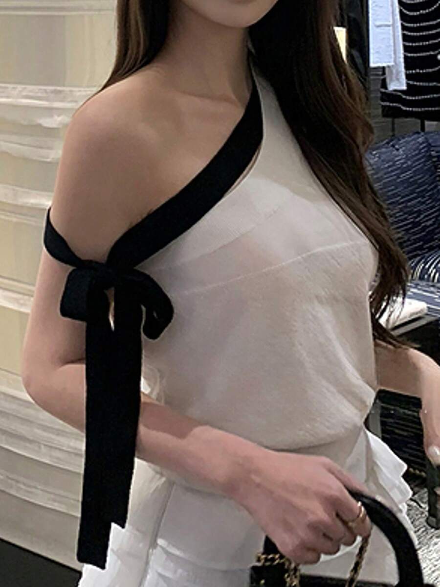 Wool Blend Multi-Tie Retro Chic Slash Neck Knitted Top For Women, Spring - White - View 1