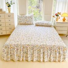 3pcs/Set Minimalist Digital Print Soft & Comfortable Bedding Set, 1 Fitted Sheet + 2 Pillowcases (No Comforter), Romantic Ruffled Elegant & Cozy Bedding Suit For Bedroom, Guest Room, King/Queen/Twin Size, Breathable, All Season, Machine Washable, Elastic Corner Design