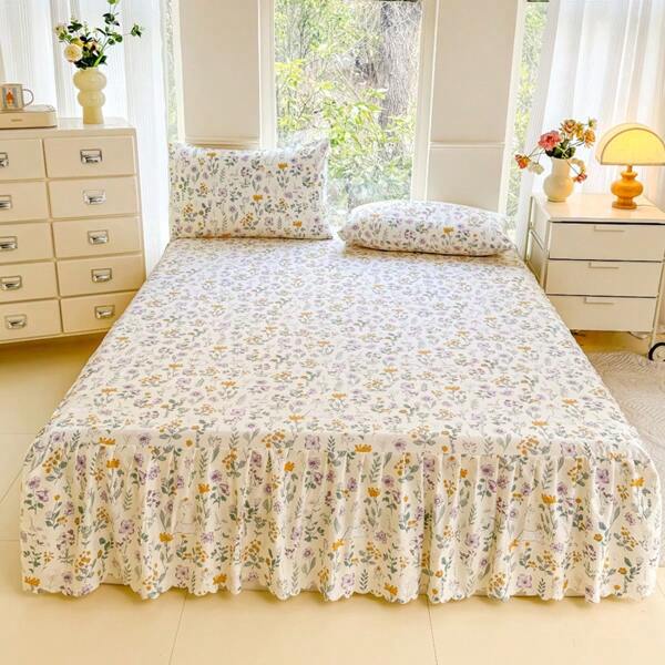 3pcs/Set Minimalist Digital Print Soft & Comfortable Bedding Set, 1 Fitted Sheet + 2 Pillowcases (No Comforter), Romantic Ruffled Elegant & Cozy Bedding Suit For Bedroom, Guest Room, King/Queen/Twin Size, Breathable, All Season, Machine Washable, Elastic Corner Design