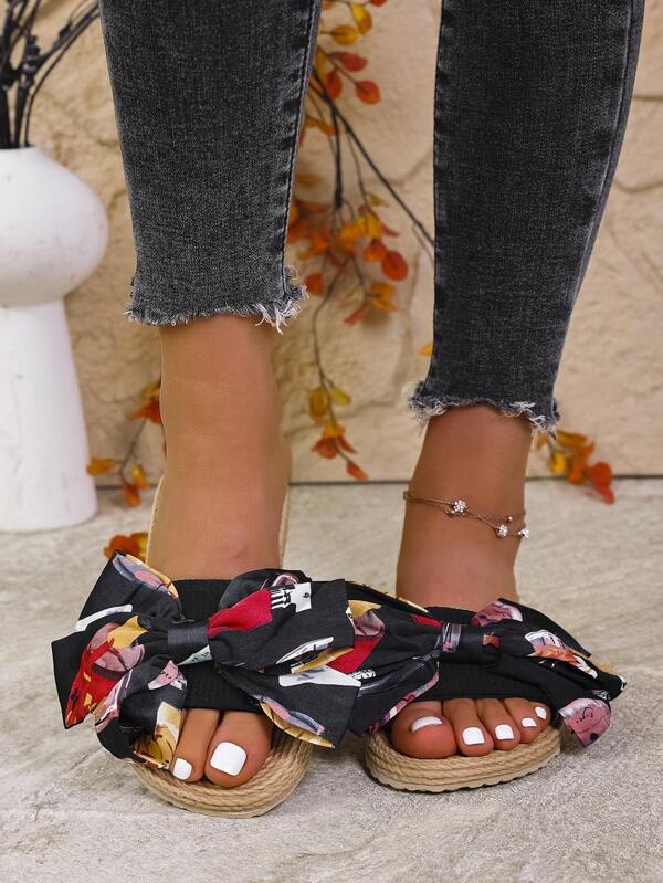 Women's Fashion Graffiti Bohemian Vacation Bow Decor Slip-On Slippers, Beach Summer