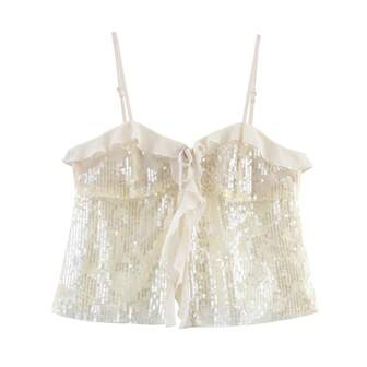 ZEVITY Canotta da donna alla moda, con paillettes, patchwork e balze sul fondo, per l'estate