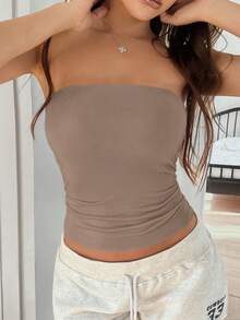 Women's Summer Sexy Strapless Basis Vest Double Layered Thickened Opaque Fashion Solid Elastic Slim Fit Tube Top For Women Four Seasons Wear - 卡其色 - 查看 5