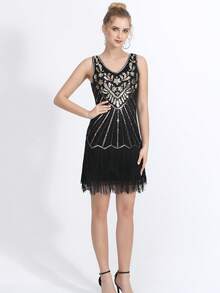 Retro V-Neck Sequined Performance Fringed Party Latin Dance Dress Women Competition - Black - View 4