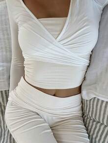 Ballet Wrap Tie Top Women Pilates Workout Yoga White Cross Wrap Top Y2k V Neck Long Sleeve Slim Fitted Self Tie T-Shirts Tops - 白色 - 查看 5