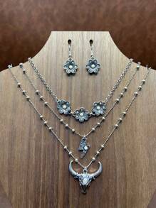 1 Set Fashion Retro Bohemian Style Zinc Alloy Flower/Lightning/Cow Head 3-Layer Pendant Necklace That Can Be Matched Freely, Flower Earrings Pendant, Suitable For Women/Girls To Match Daily Clothes, Party Accessories, Jewelry Gift For Family/Friends/Yourself