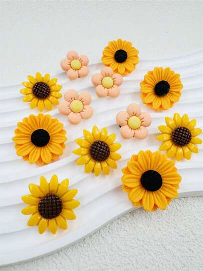 12pcs Cartoon Resin Sunflower Shoe Charms Fit For Casual Shoes, Wooden Clogs And Sandals, Adorable Whimsical Design, Perfect For Girl Party Gifts And Crafty Presents