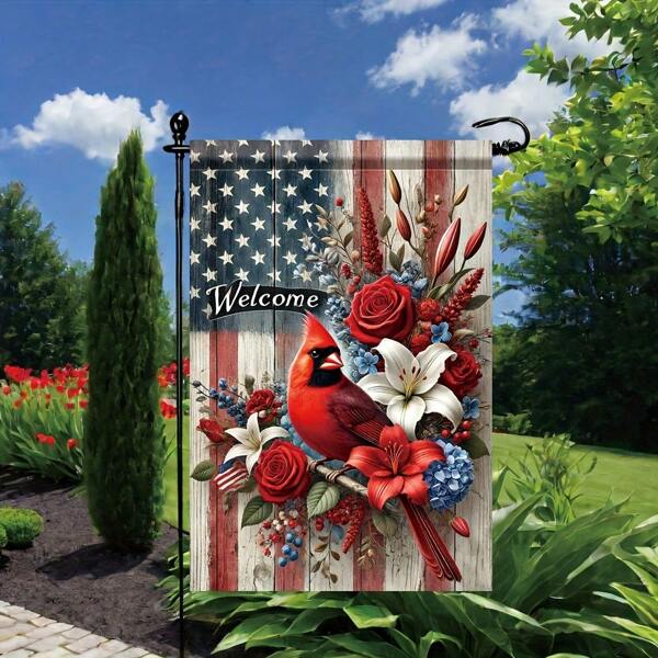 1pc, Polyester Material, Red Bird And American Flag Welcome Garden Flag, Size 18x12 Inch, Double Garden Flag, Lawn Flag, Outdoor Decoration Double Flag, Home Decor, Outdoor Decoration, Yard Decoration