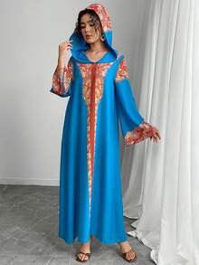 优雅宽松连帽长袖长袍，轻盈透气休闲长袍，度假风格长袍，传统阿拉伯服装，节日长袍 - 寶藍色 - 查看 5