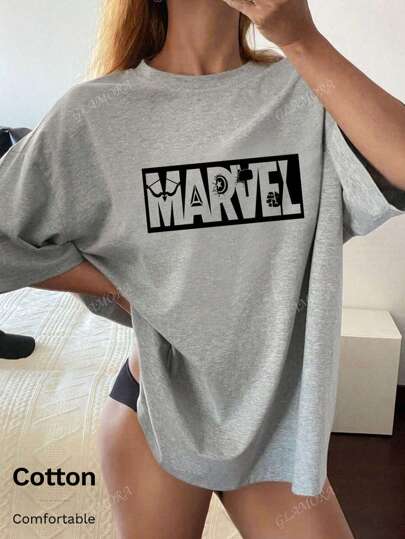 Marvel T-shirt girocollo da donna in cotone con marchio condiviso Marvel, stampa del logo classico Marvel Heroes Assemble, top versatili da donna primavera/estate, top a maniche corte grigio floreale morbido e traspirante da donna